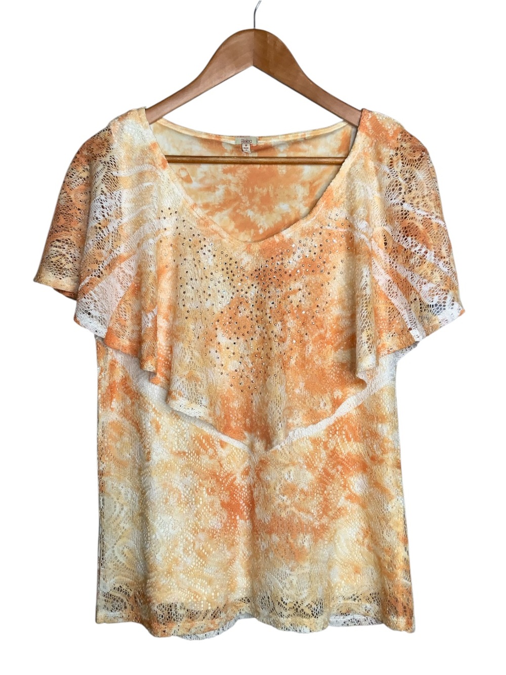 Reba Orange Tie-Dye Ruffle Lace Blouse with Rhinestones Medium